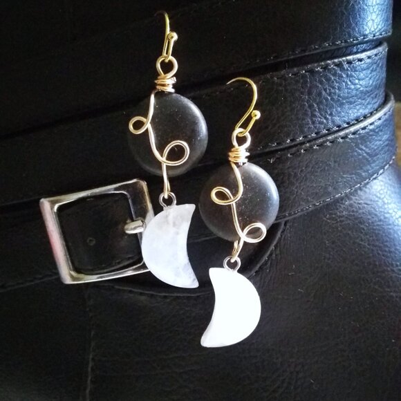 OOAK Black Jasper Coin & Quartz Moon Earrings | Wire Wrapped | Moon Goddess - Picture 1 of 10